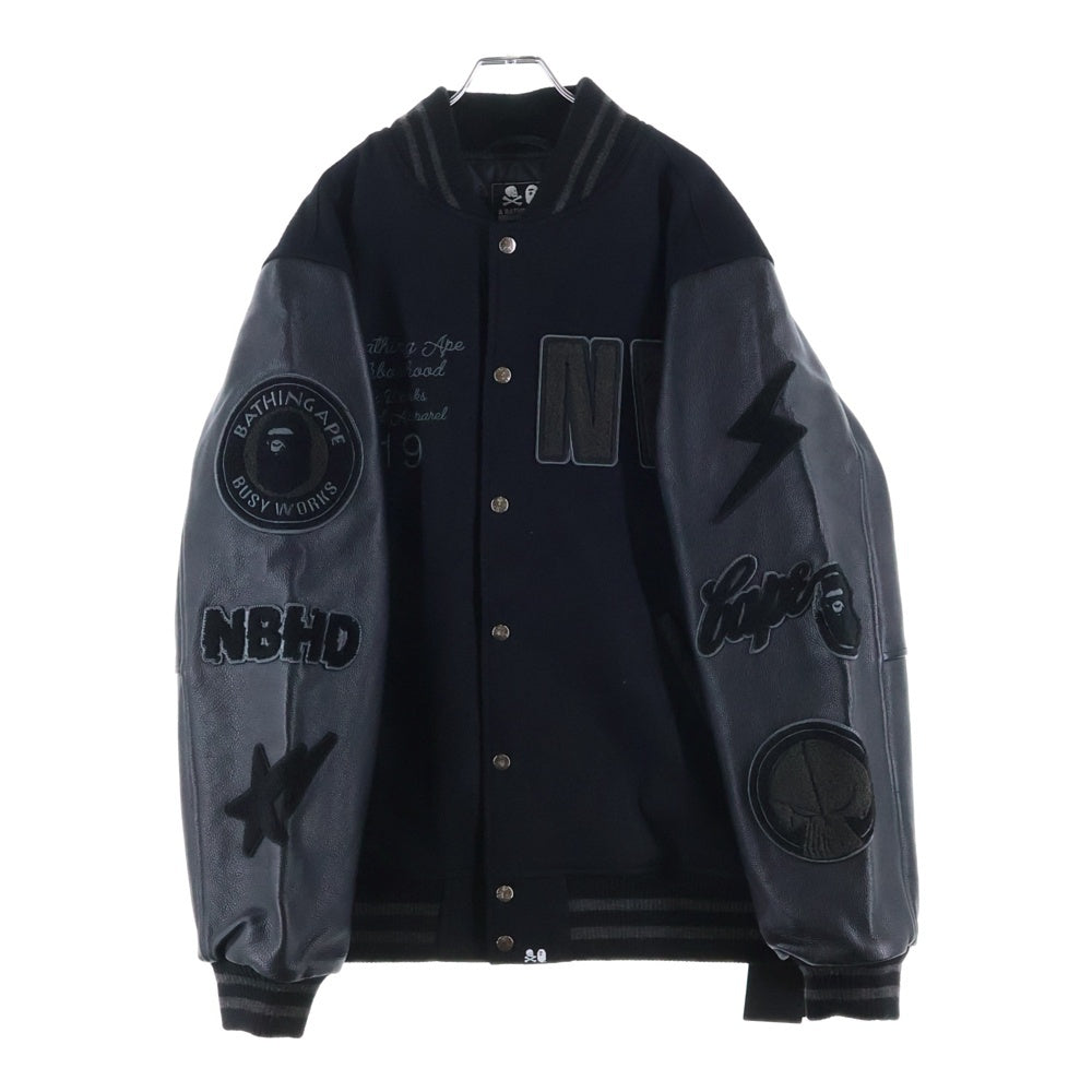 A BATHING APE(アベイシングエイプ) × NEIGHBORHOOD 50着限定 019シリアル入り レザーアームスタジアムジャケット 001HJJ211901C ブラック
