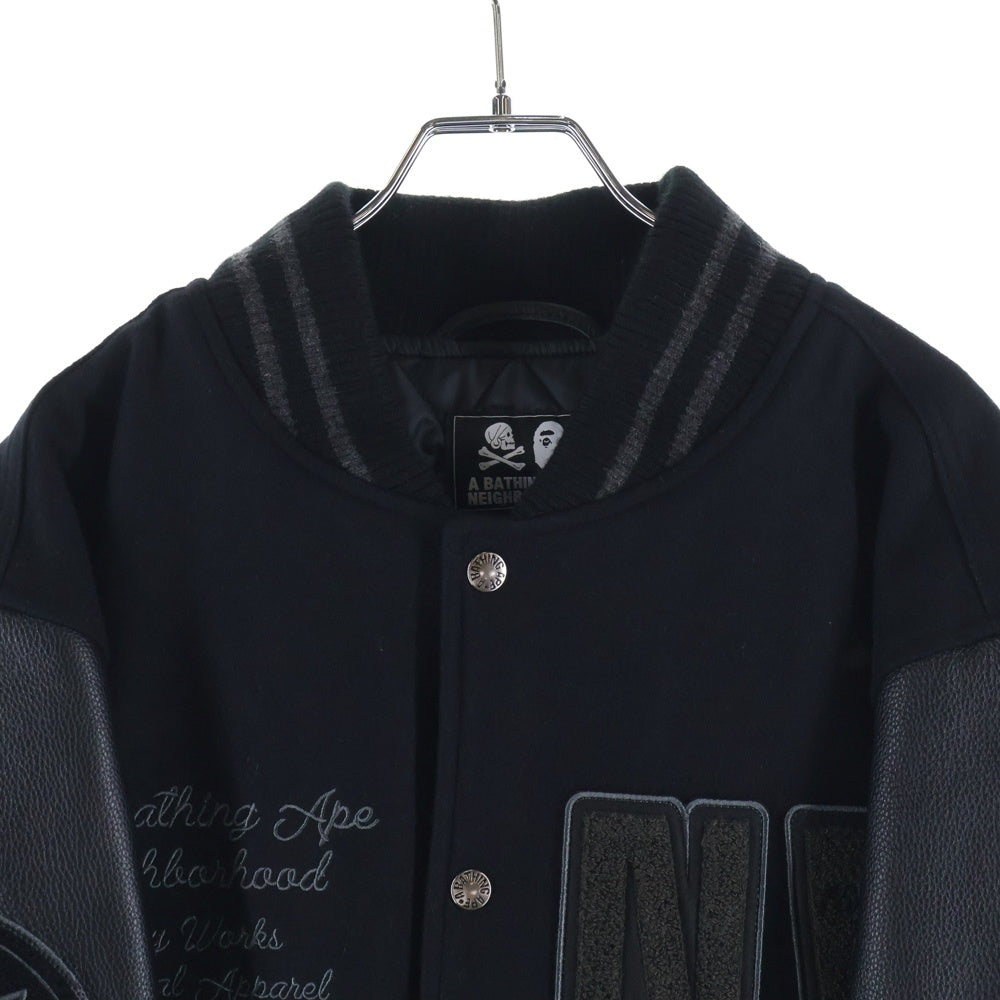 A BATHING APE(アベイシングエイプ) × NEIGHBORHOOD 50着限定 019シリアル入り レザーアームスタジアムジャケット 001HJJ211901C ブラック