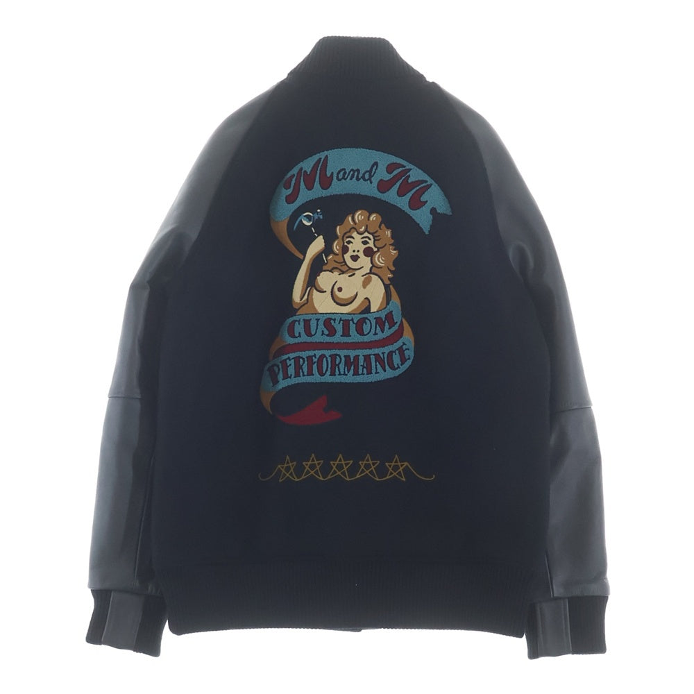 WOLF'S HEAD(ウルフズヘッド) ×M&M × GROK LEATHER 袖スタッズ バック刺繍 アームレザー スタジアムジャケット ブラック