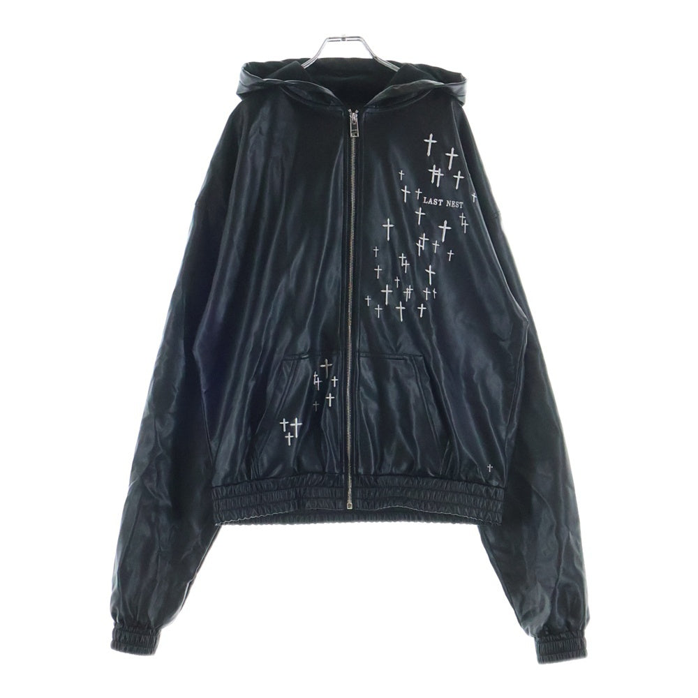 LAST NEST(ラスト ネスト) 25AW CROSS EMBROIDERY LEATHER ZIP HOODIE NUBIAN限定 フェイクレザー ジップアップフーディー ブラック