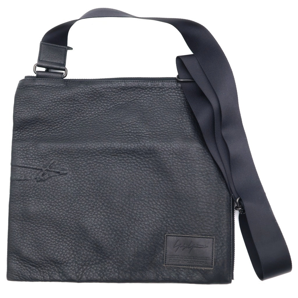 Yohji Yamamoto POUR HOMME(ヨウジヤマモト プールオム) 19SS ソフトナッパレザー フロントロゴ シボ革 グレインレザー HH-I10-782 メッセンジャーバック ブラック