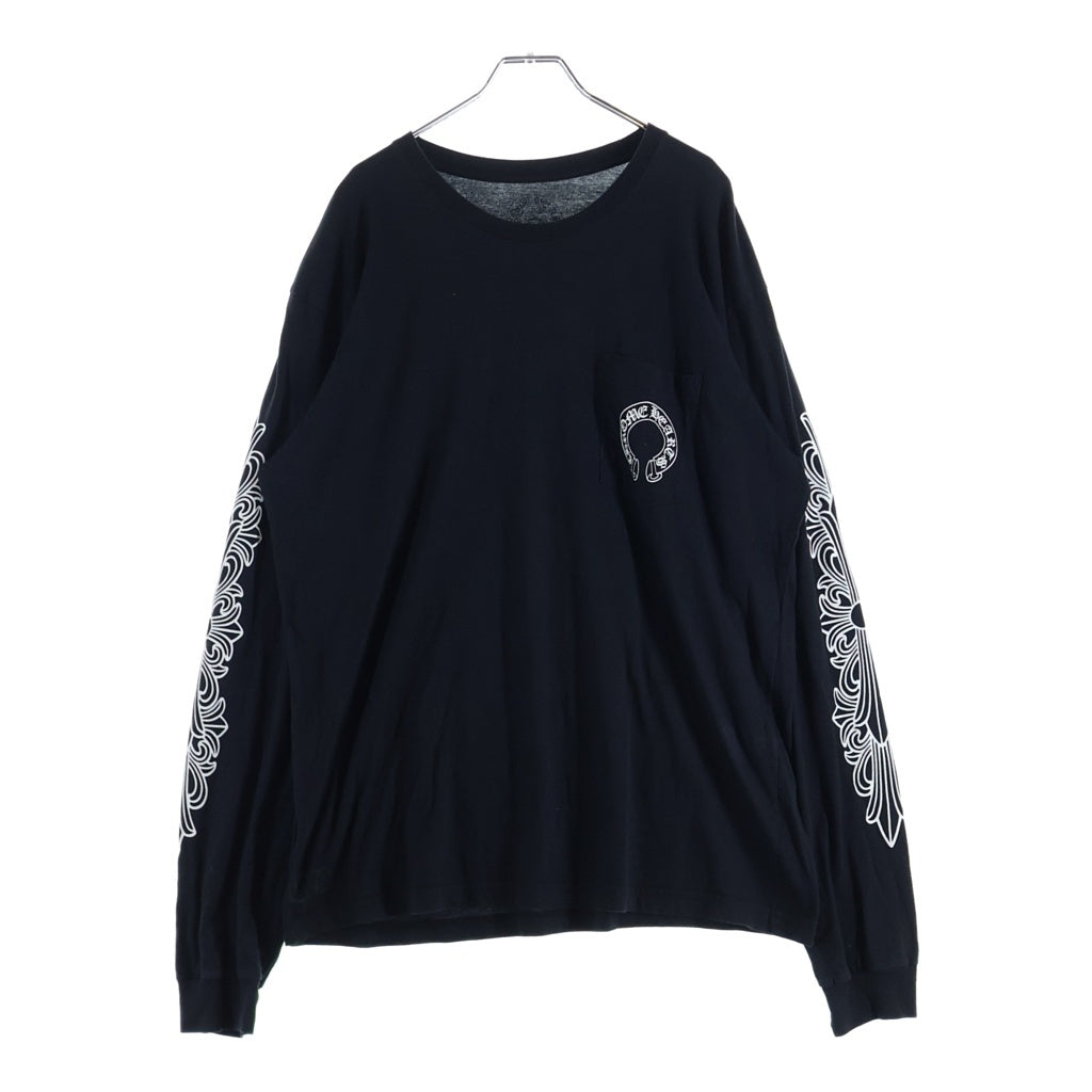 CHROME HEARTS(クロムハーツ) HORSESHOE L/S TEE バックホースシュー 袖フローラルクロス 長袖ポケットTシャツ カットソー ブラック