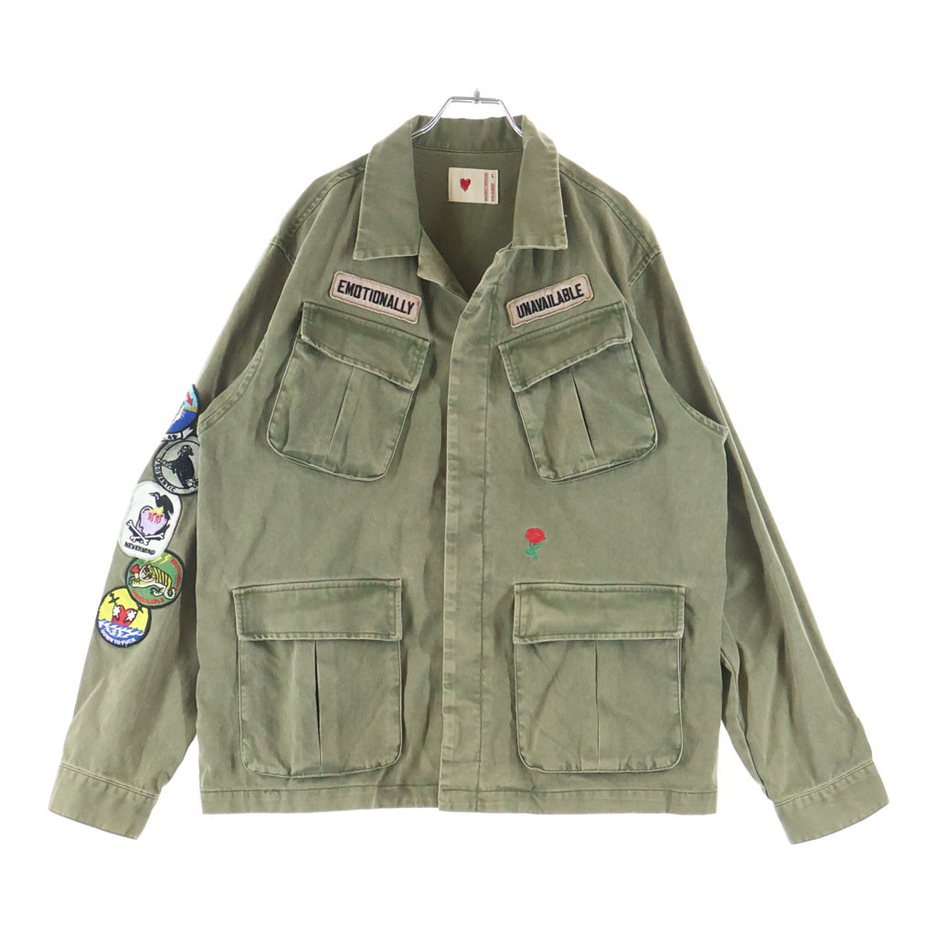 Emotionally Unavailable(エモーショナリー アンアヴェイラブル) 22AW CROSS YOUR HEART JACKET FATIGUE ファティーグ パッチ 刺繍 ミリタリージャケット カーキ