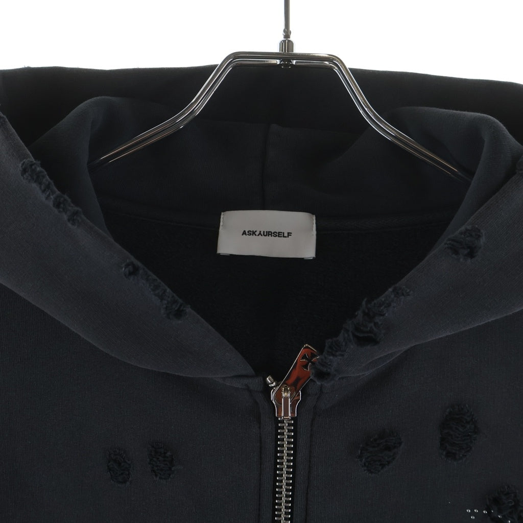 ASKYURSELF(アスクユアセルフ) Studded Rhinestone Three Cross Zip Up Hoodie スタッズ クロス 切りっぱなし ジップパーカー ブラック