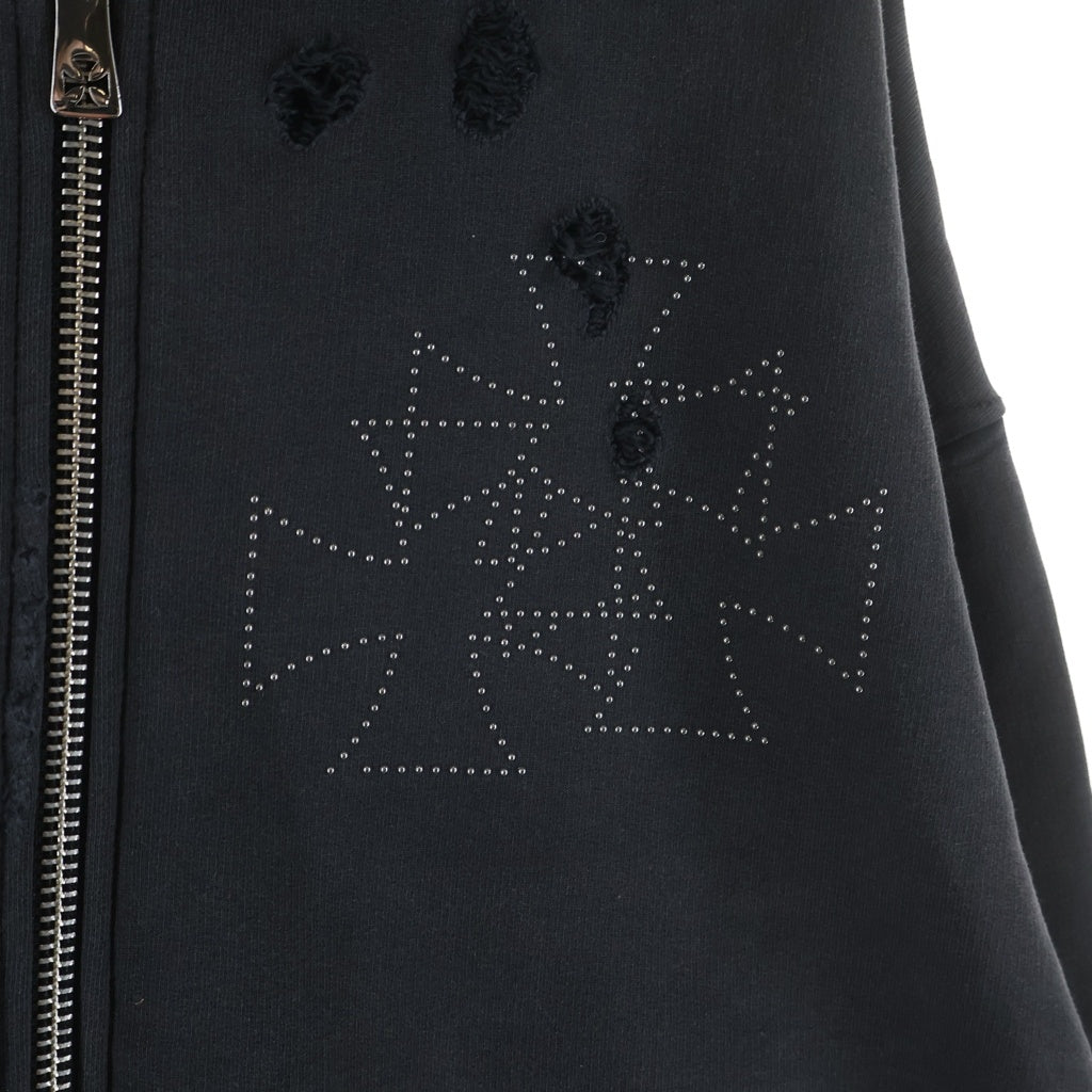ASKYURSELF(アスクユアセルフ) Studded Rhinestone Three Cross Zip Up Hoodie スタッズ クロス 切りっぱなし ジップパーカー ブラック