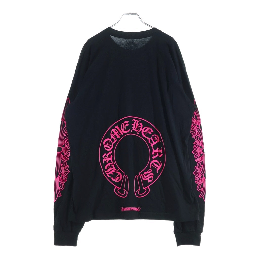CHROME HEARTS(クロムハーツ) FLRL CRS HORSESHOE L/S 袖フローラルプリント クルーネック長袖Tシャツカットソー ブラック /ピンク
