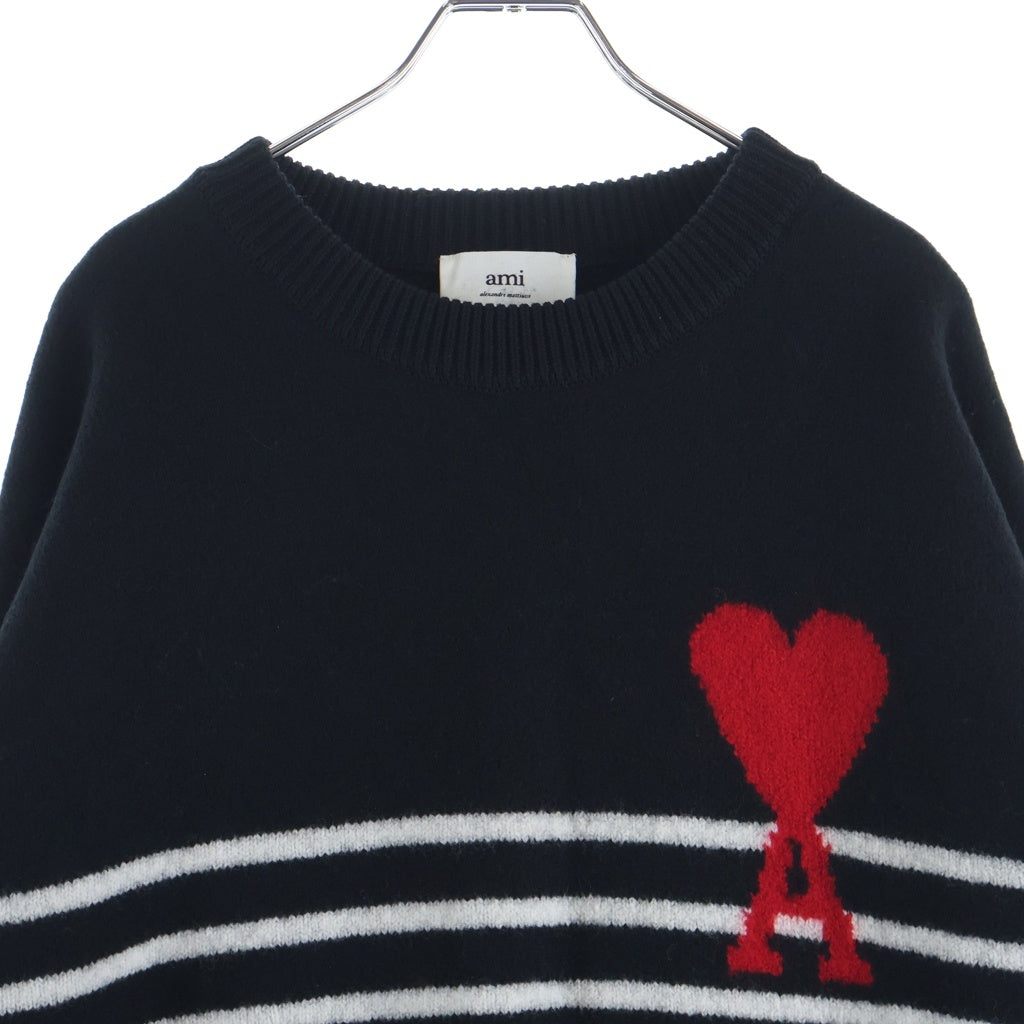 AMI Alexandre Mattiussi(アミアレクサンドルマテュッシ) HEART A ビックハート ウール H21K029.018 クルーネックセーター ボーダー ブラック