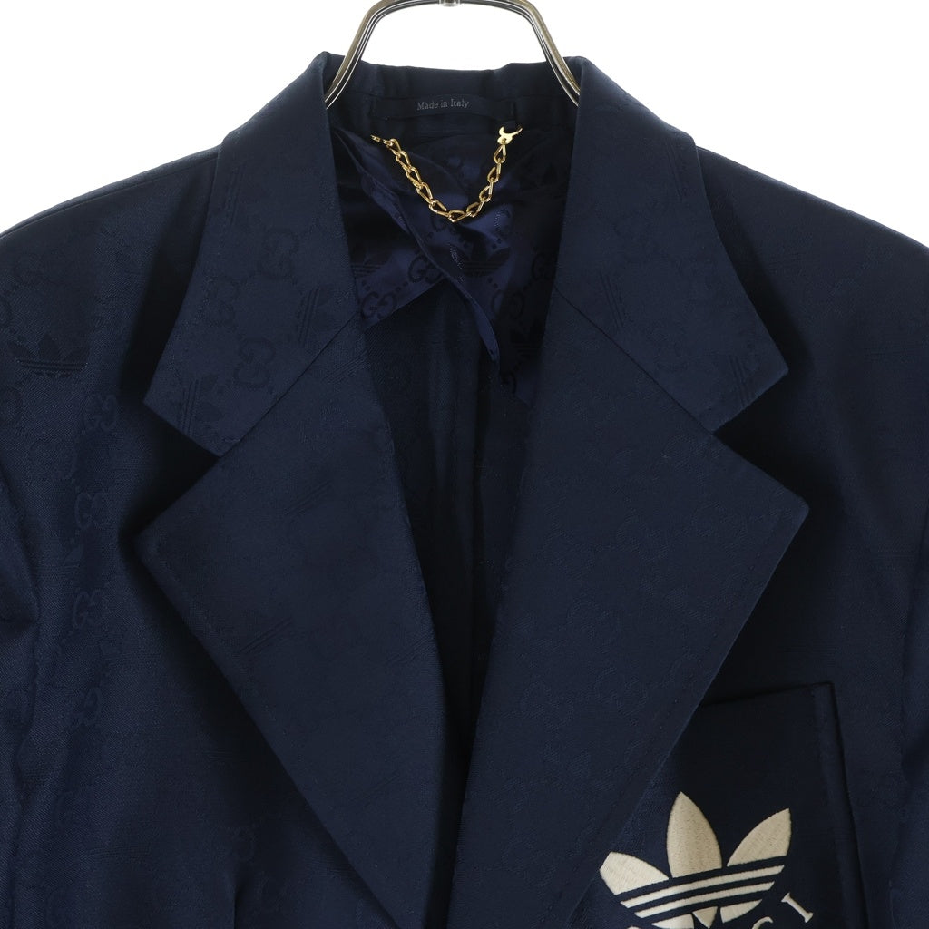 GUCCI(グッチ) ×ADIDAS トレフォイル ジャガード 胸ロゴ 3ストライプ 金ボタン 720968 テーラードジャケット ブルー