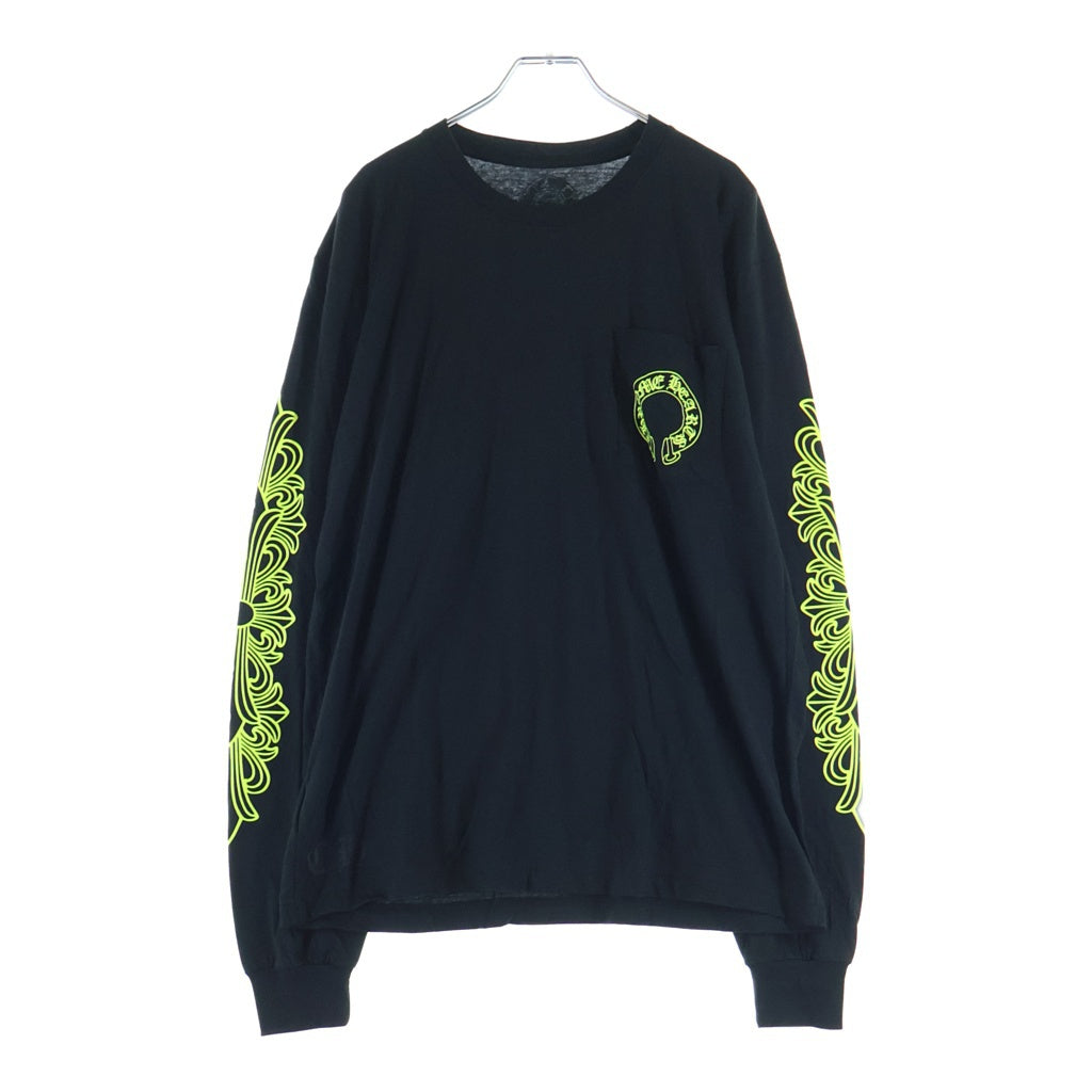 CHROME HEARTS(クロムハーツ) Floral Cross Horseshoe Long Sleeve Tee フローラルクロス ホースシュー ロングスリーブ Tシャツ ブラック/ネオンイエロー