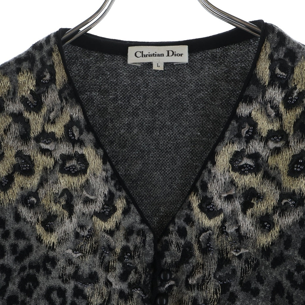 Christian Dior(クリスチャンディオール) 90s オールド 刺繍 レオパード ウール カーディガン グレー レディース
