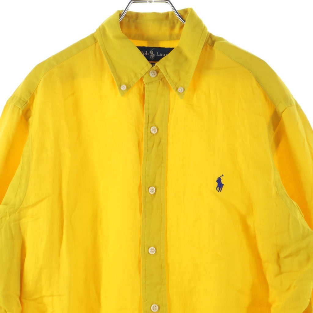POLO RALPH LAUREN(ポロラルフローレン) 90s シルクリネン 胸ポニー ボタンダウン 長袖シャツ イエロー