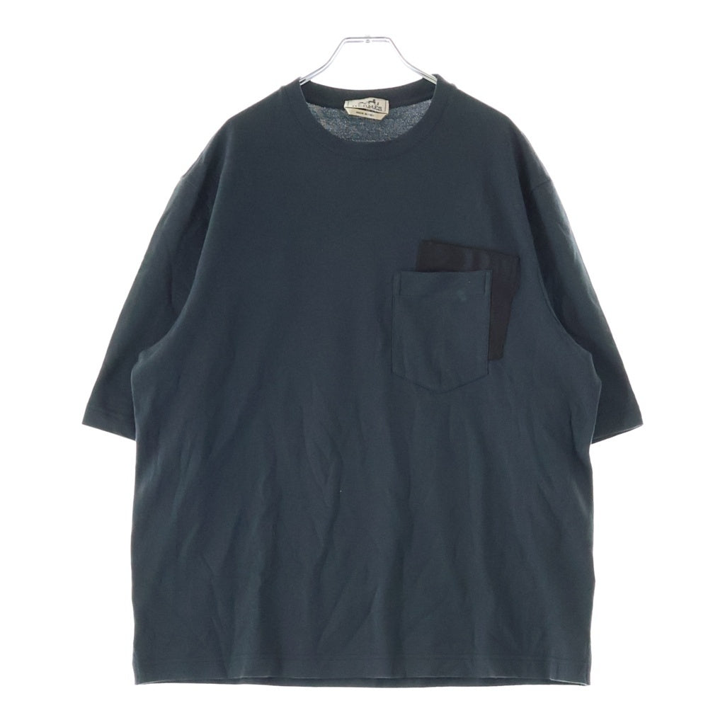 HERMES(エルメス) カシミヤ混 レザーポケット クルーネック半袖Tシャツカットソー グレー