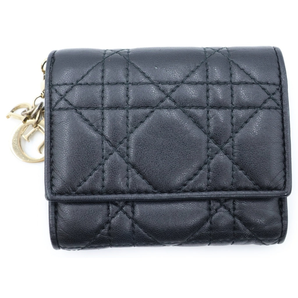 Christian Dior(クリスチャンディオール) Pre-Owned Lady Dior Lotus カナージュ ラムスキン 3つ折り財布 ブラック レディース