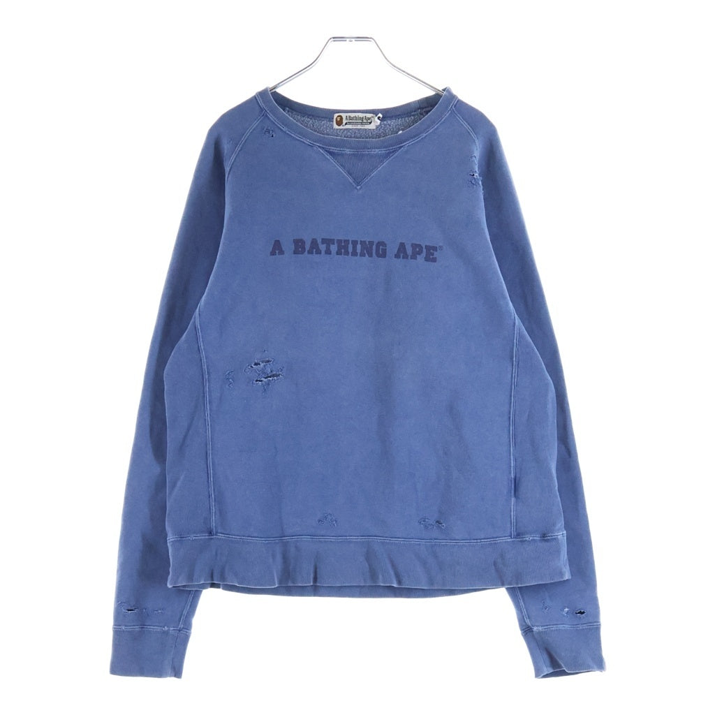 A BATHING APE(アベイシングエイプ) 00s 染み込みプリント フロントロゴ ラグラン ダメージ加工 クルーネックスウェット