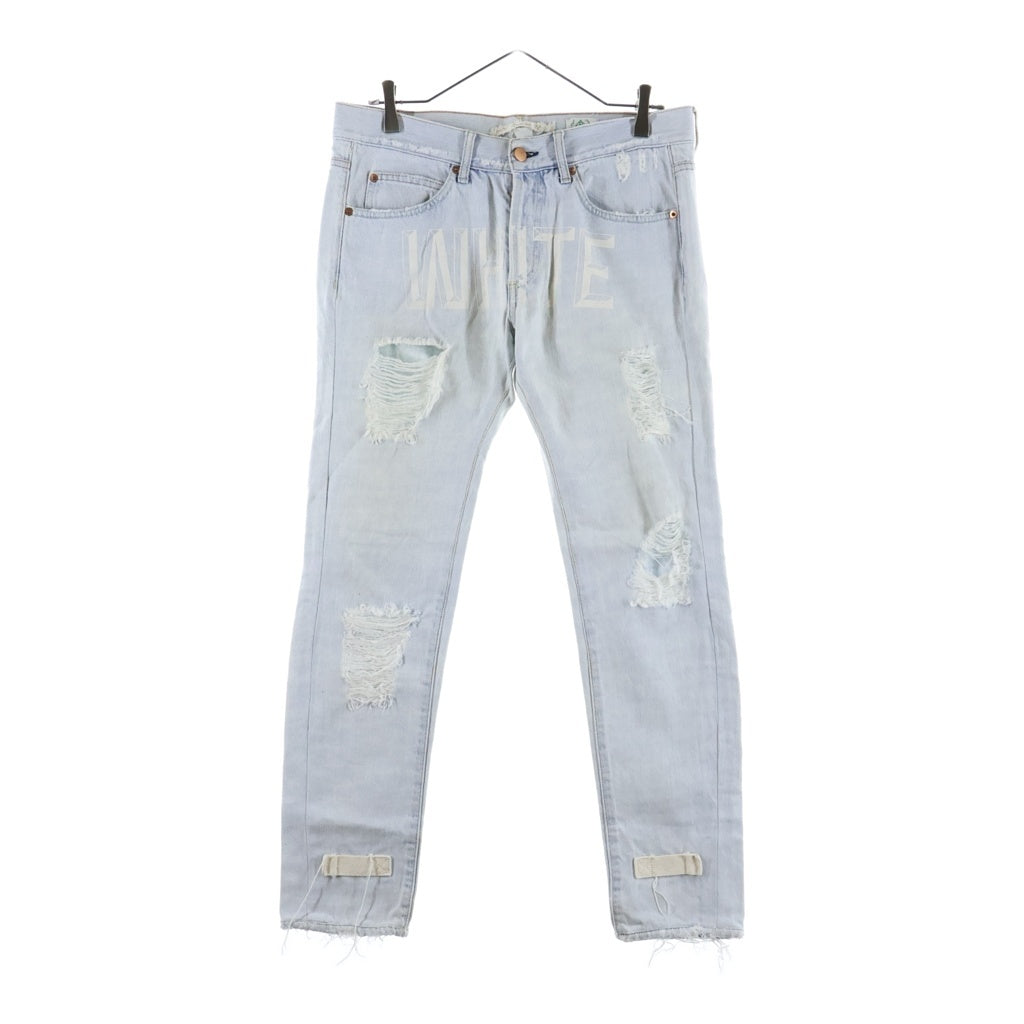 OFF-WHITE(オフホワイト) DISTRESSED DENIM ディストレスト フロントロゴ プリント ダメージデニム アイスブルー