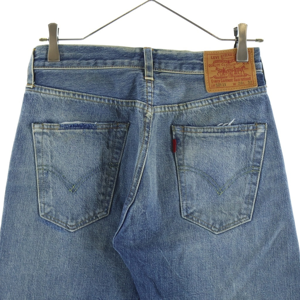 Levi's(リーバイス) ダメージ加工 リペア加工 ステップドヘム加工 ウォッシュ加工 BIGE 隠しリベット 赤耳 W28 L32 ストレートデニム インディゴ 501XX