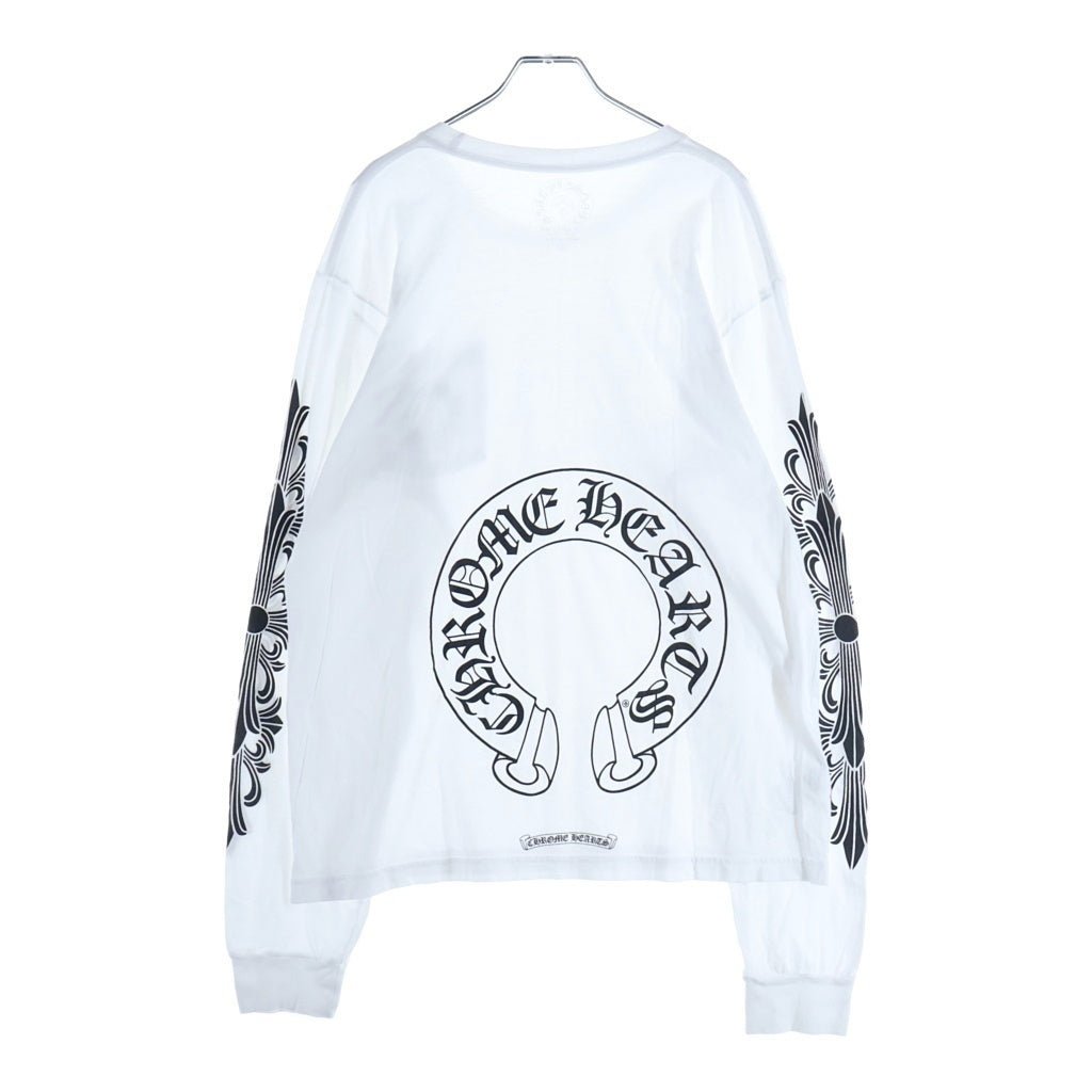 CHROME HEARTS(クロムハーツ) FLOLAL CROSS HORSESHOE L/S Tee フローラルクロス バックホースシュープリント 長袖Tシャツ ホワイト