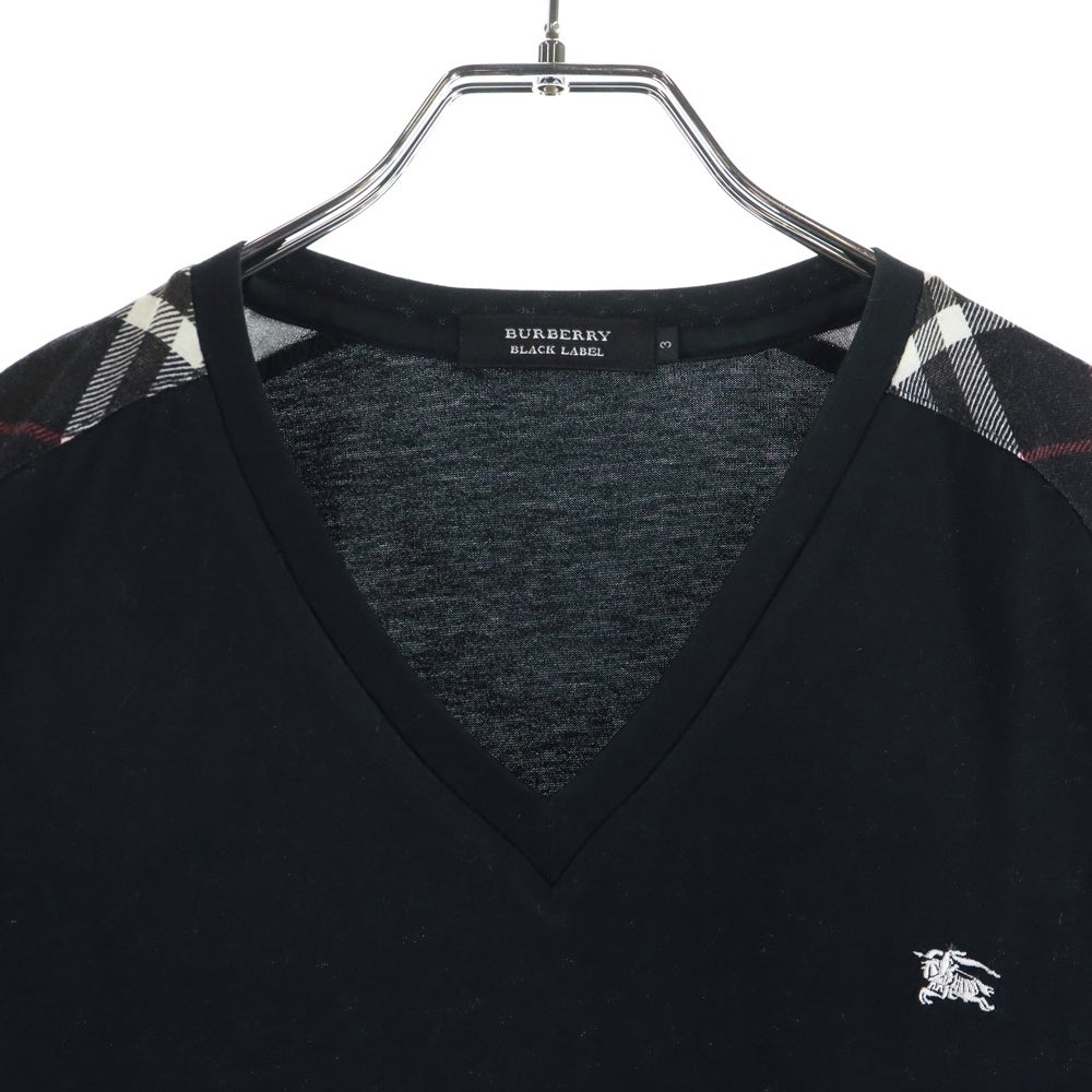 BURBERRY BLACK LABEL(バーバリー ブラックレーベル) ロゴ刺繍 Vネック 半袖Tシャツ カットソー ブラック