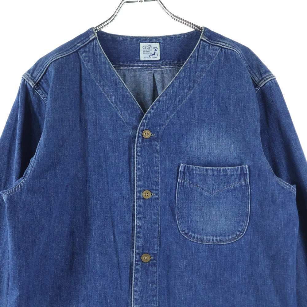 orslow(オアスロー) ノーカラー フロントボタン デニム ロングジャケット インディゴブルー