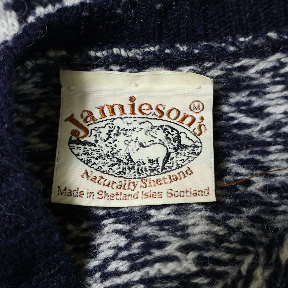 Jamiesons(ジャミーソンズ) 千鳥格子 クルーネック ウール ケーブルニットセーター グレー/ネイビー