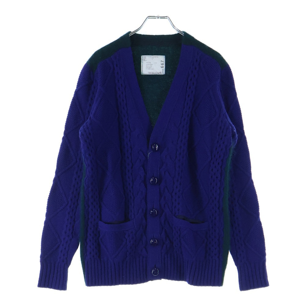 Sacai(サカイ) 14AW 異素材切替 ウール ケーブルニットカーディガン グリーン/ネイビー 14-00667M