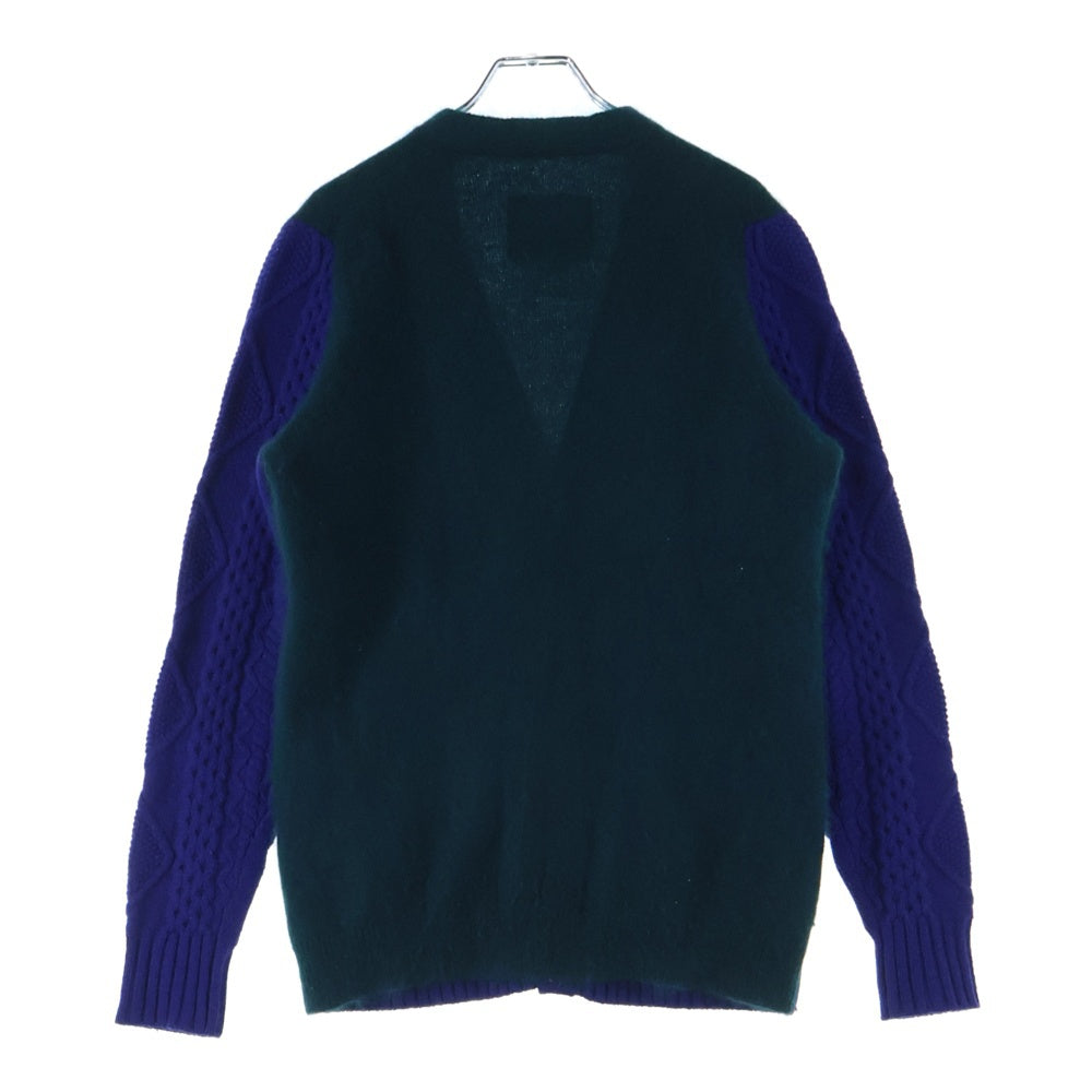 Sacai(サカイ) 14AW 異素材切替 ウール ケーブルニットカーディガン グリーン/ネイビー 14-00667M