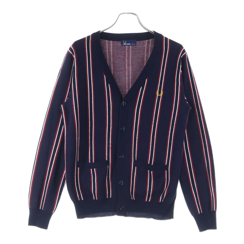 FRED PERRY(フレッドペリー) V Neck Jacquard Cardigan ストライプ柄 アクリルニットカーディガン レッド/ネイビー F3156