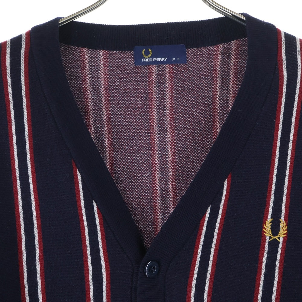 FRED PERRY(フレッドペリー) V Neck Jacquard Cardigan ストライプ柄 アクリルニットカーディガン レッド/ネイビー F3156