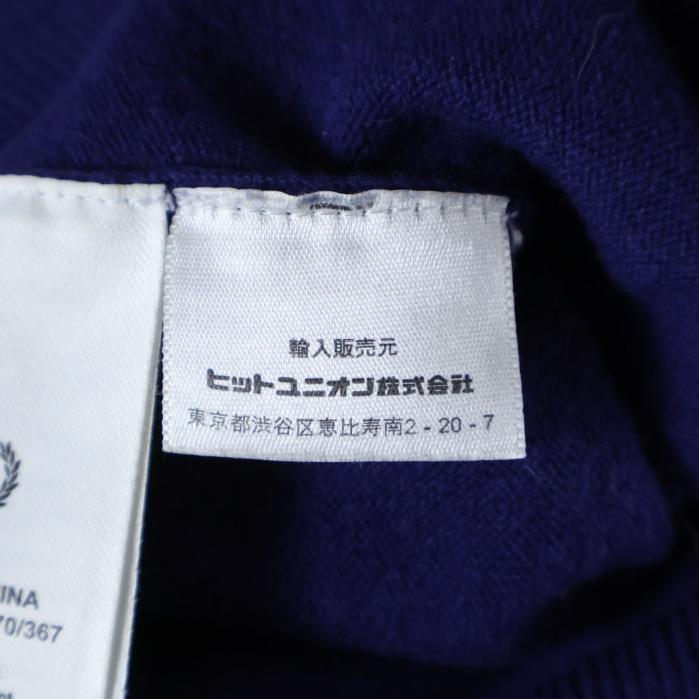 FRED PERRY(フレッドペリー) アームボーダー ロゴ刺繍 ウール混 長袖ニットカーディガン ネイビー