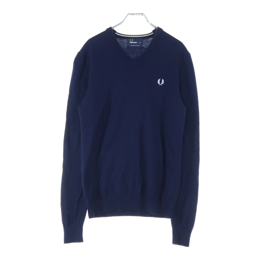 FRED PERRY(フレッドペリー) ロゴ刺繍 クラシック Vネック ウール長袖セーター ネイビー K4500