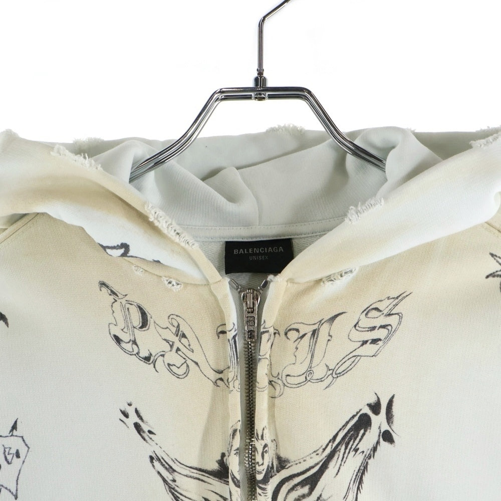 BALENCIAGA(バレンシアガ) 24SS Graffiti Zip Up Hoodie 770939 TQVK1 グラフィティ ダメージ加工 ジップアップスウェット フーディー ホワイト