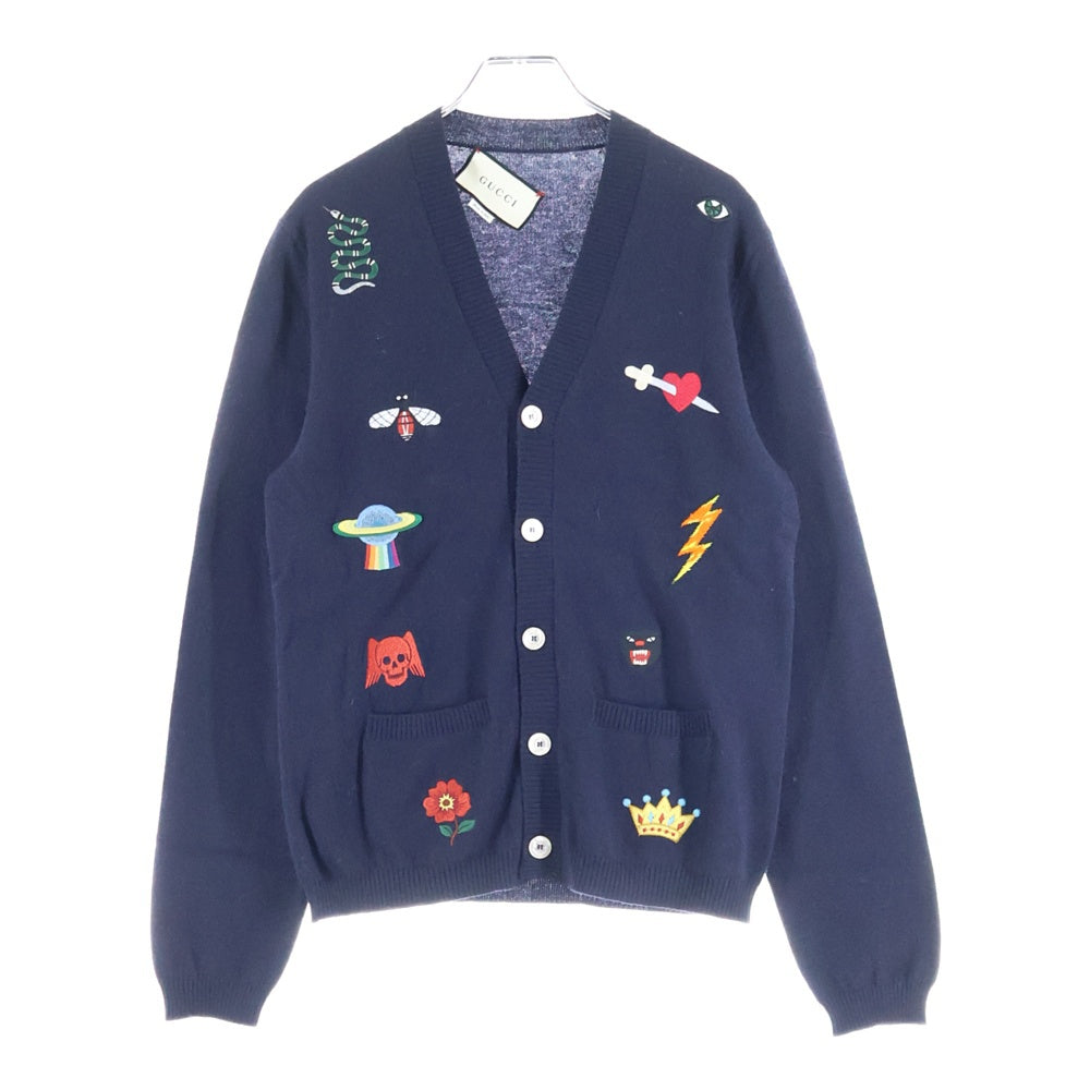 GUCCI(グッチ) エンブロイダリー ロゴ刺繍 長袖ニットカーディガン ネイビー 525887