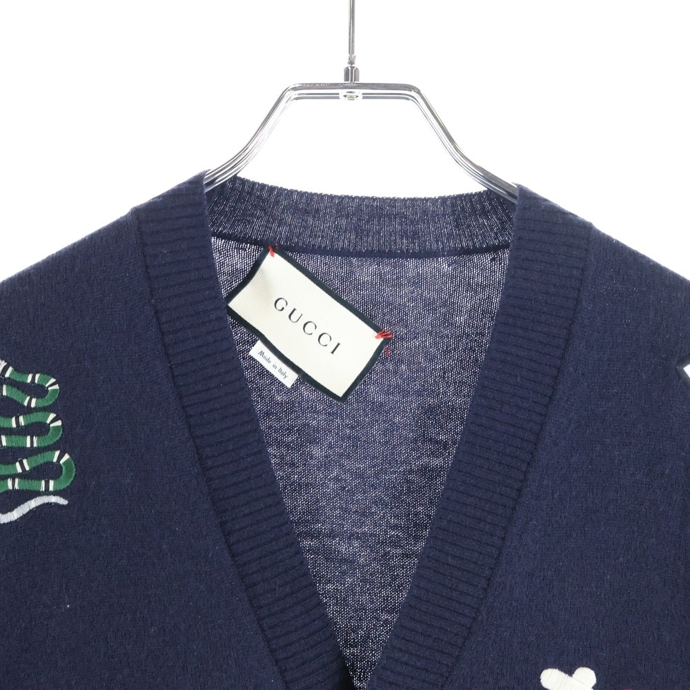 GUCCI(グッチ) エンブロイダリー ロゴ刺繍 長袖ニットカーディガン ネイビー 525887