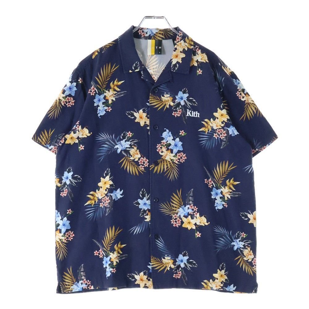 KITH(キス) 21SS Thompson Camp Collar Shirts ボタニカル総柄 シルク混 オープンカラー 半袖シャツ ショートスリーブ ネイビー KH030033