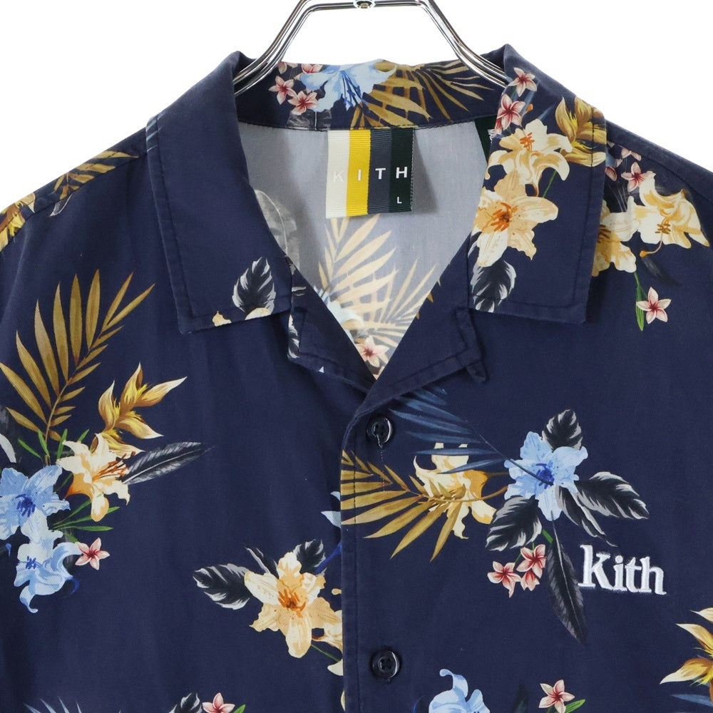 KITH(キス) 21SS Thompson Camp Collar Shirts ボタニカル総柄 シルク混 オープンカラー 半袖シャツ ショートスリーブ ネイビー KH030033