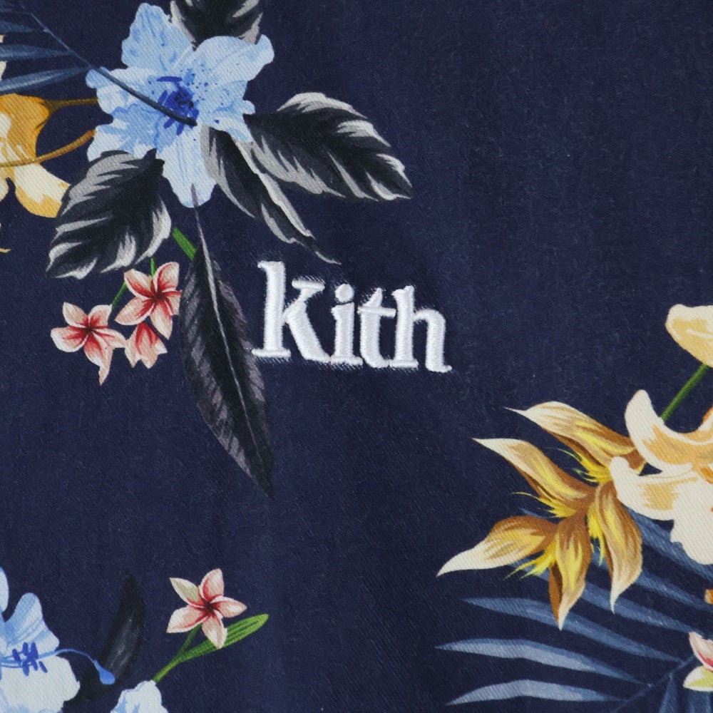 KITH(キス) 21SS Thompson Camp Collar Shirts ボタニカル総柄 シルク混 オープンカラー 半袖シャツ ショートスリーブ ネイビー KH030033