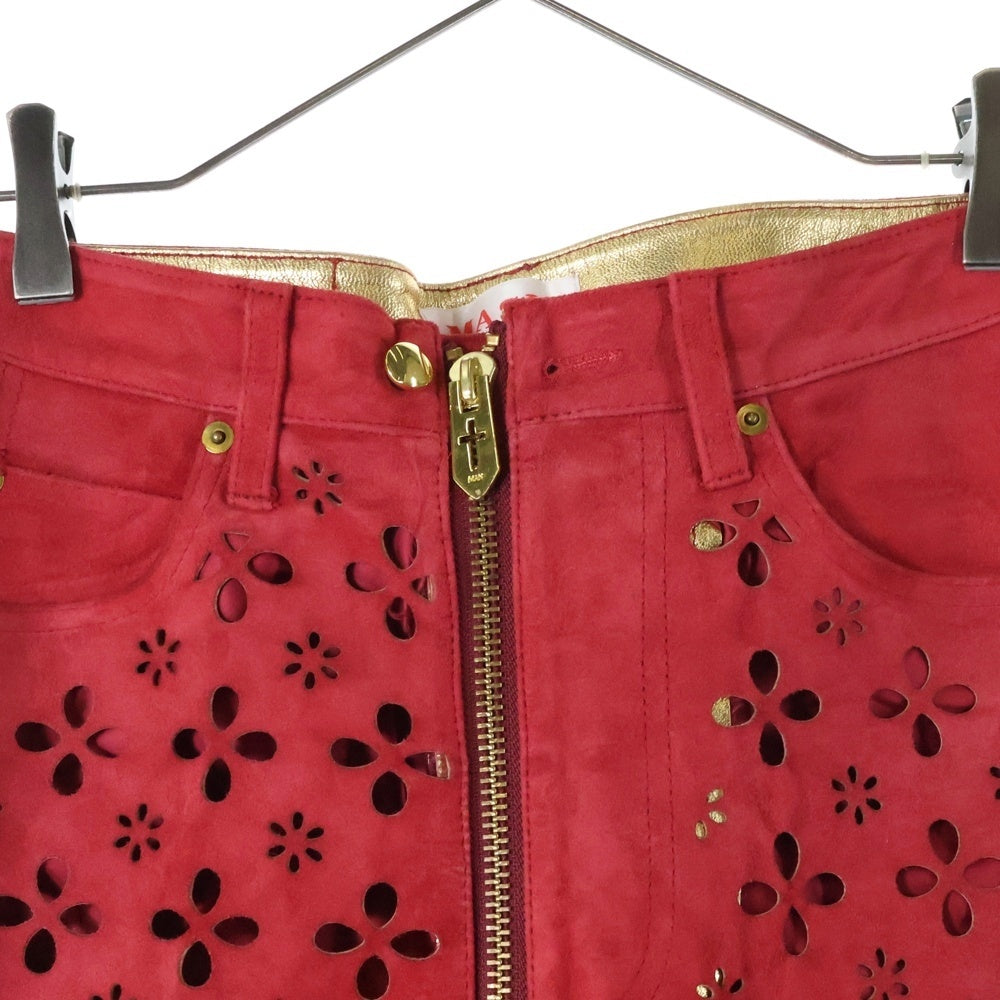 MASU(エムエーエスユー) GOAT LEATHER PANTS ゴートレザー フラワーカットアウト ジップフライ レザーパンツ レッド MVFW-PT0722 レディース