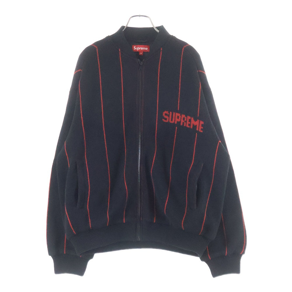 SUPREME(シュプリーム) 23SS Pinstripe Varsity Zip Up Sweater ピンストライプ バーシティ ジップアップ 長袖セーター ブラック/レッド