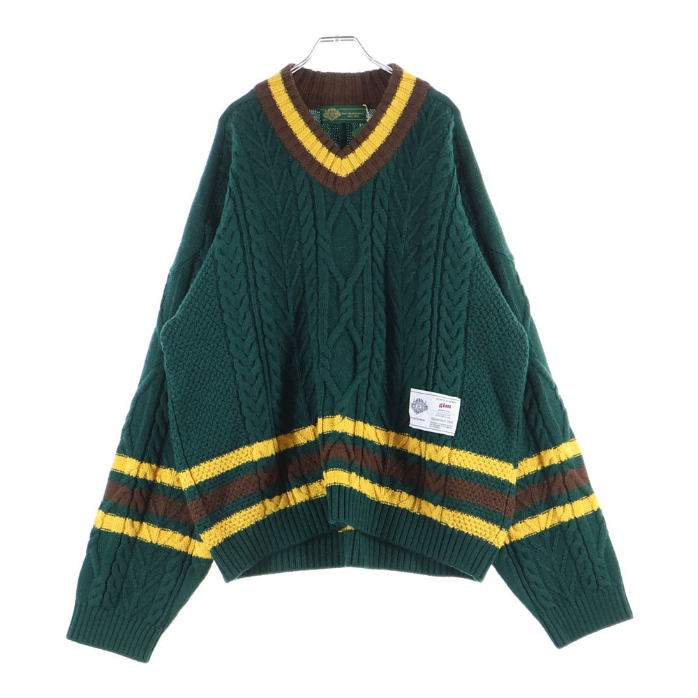 gim(ジム) Knitted Hockey Jersey Vネック ウール ケーブルニットセーター グリーン 23505130