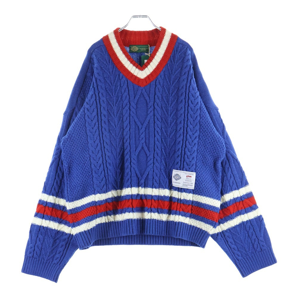 gim(ジム) Knitted Hockey Jersey Vネック ウール ケーブルニットセーター ネイビー 23505130