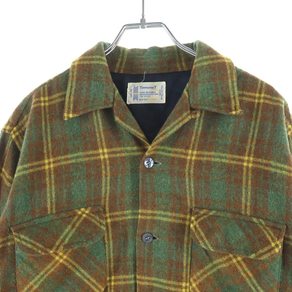 PENNEYS TOWNCRAFT(ぺニーズタウンクラフト) 60-70S オープンカラー ウールチェック 長袖シャツ ロングスリーブ ブラウン/グリーン
