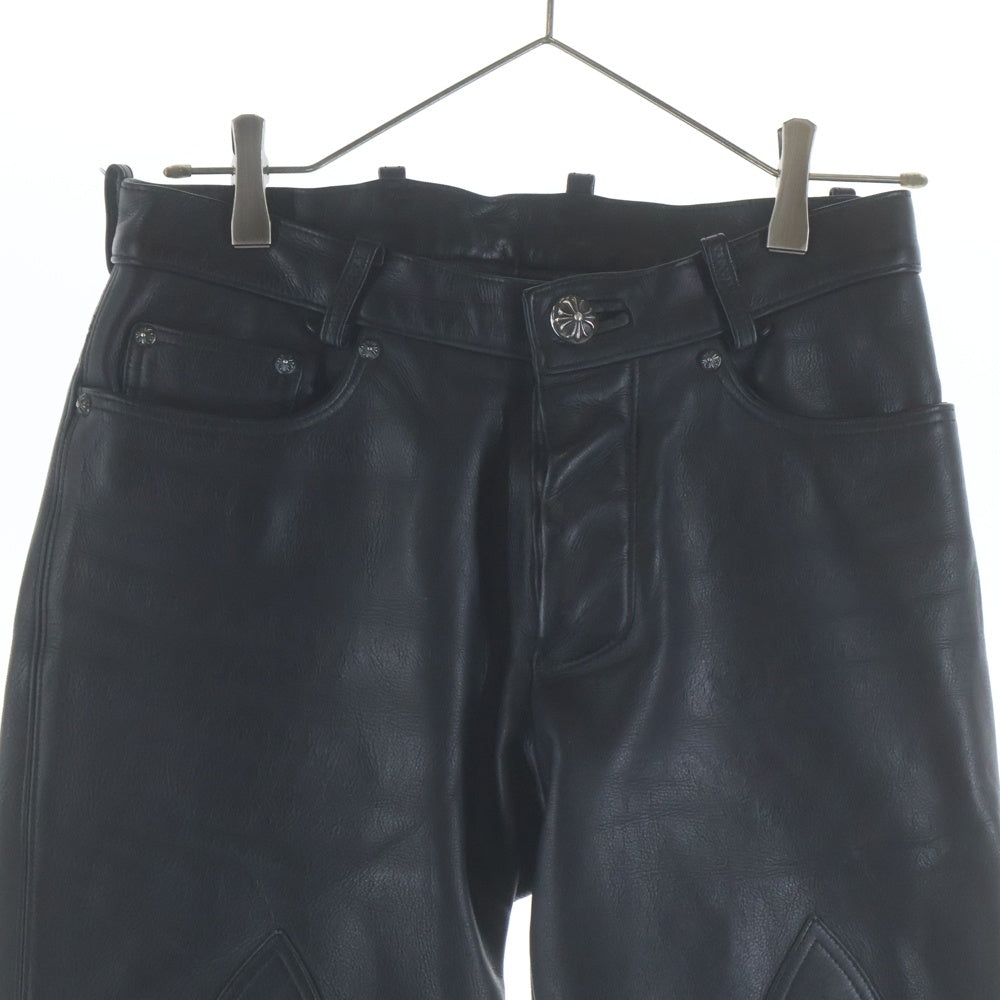 CHROME HEARTS(クロムハーツ) LTHR PANTS セメタリークロスパッチ クロスボールボタン フレアニー レザーパンツ ブラック