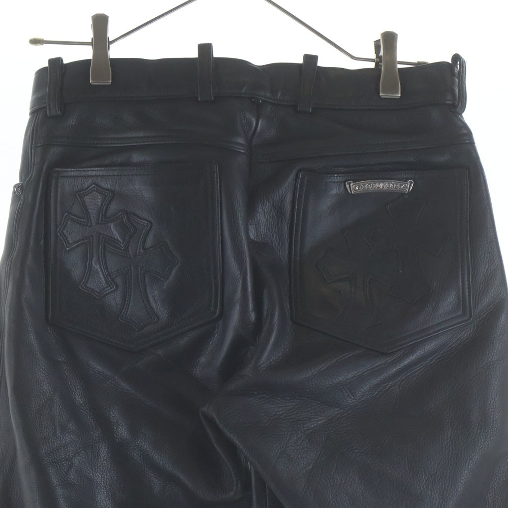 CHROME HEARTS(クロムハーツ) LTHR PANTS セメタリークロスパッチ クロスボールボタン フレアニー レザーパンツ ブラック