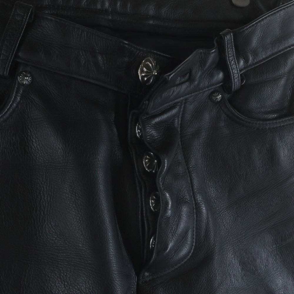 CHROME HEARTS(クロムハーツ) LTHR PANTS セメタリークロスパッチ クロスボールボタン フレアニー レザーパンツ ブラック