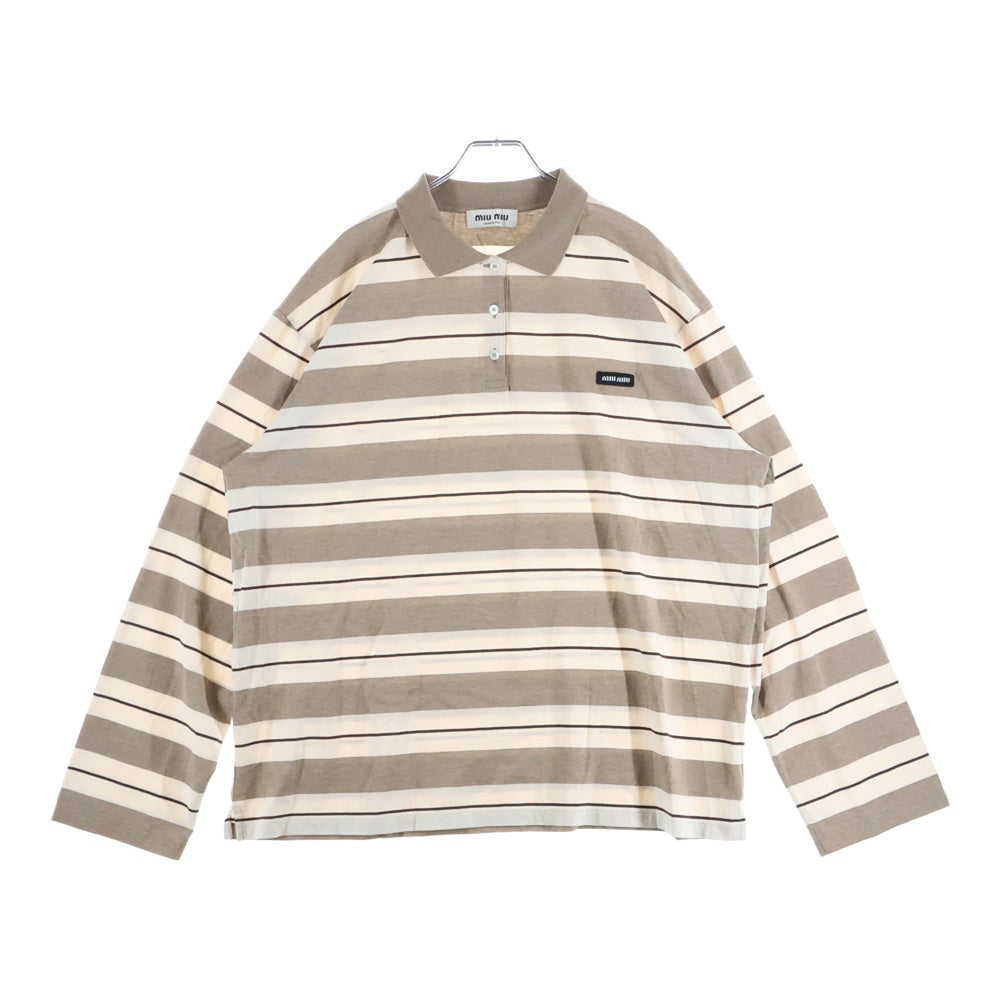 miumiu(ミュウミュウ) 25SS ロゴパッチ オーバーサイズ コットンジャージー 長袖ポロシャツ ベージュ/ブラウン MJL015_14RT_F032R_S_OOO レディース