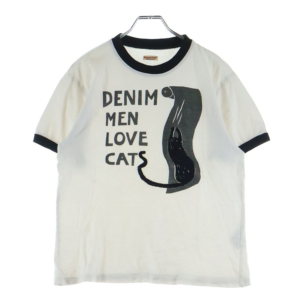 KAPITAL(キャピタル) 天竺 DENIM MEN LOVE CATS キャットプリント クルーネック 半袖リンガーTシャツ カットソー ホワイト