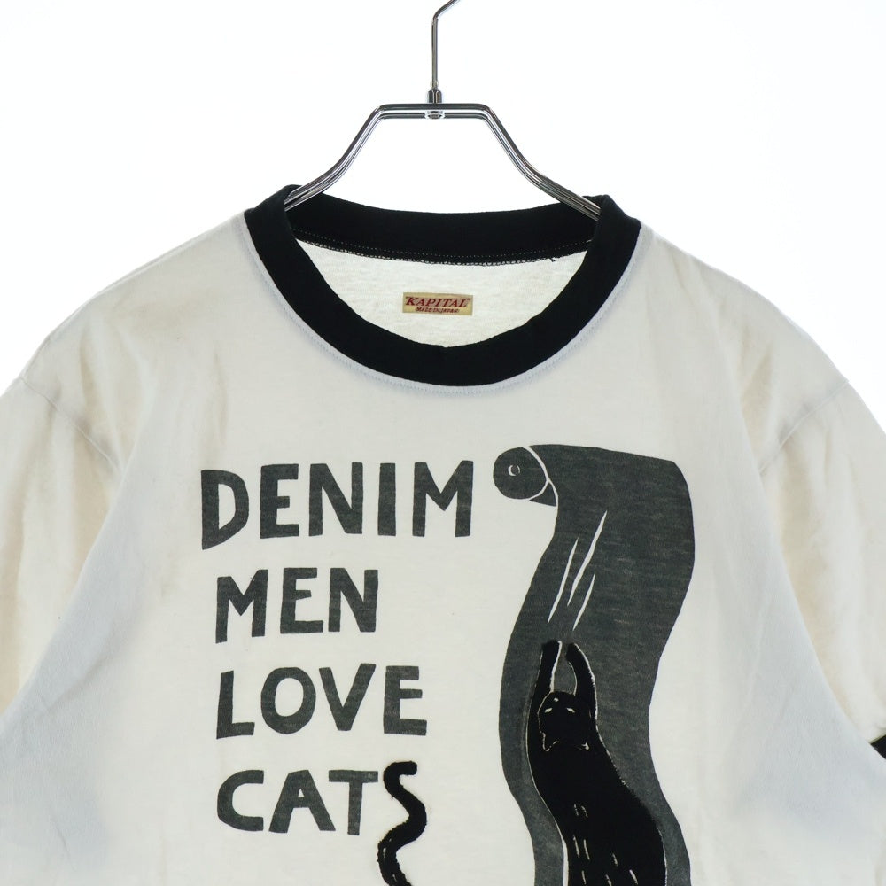 KAPITAL(キャピタル) 天竺 DENIM MEN LOVE CATS キャットプリント クルーネック 半袖リンガーTシャツ カットソー ホワイト