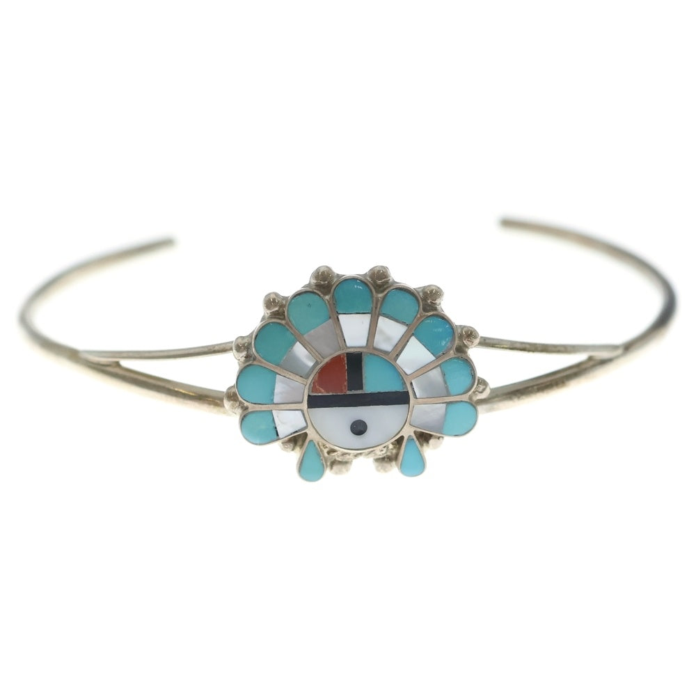 INDIAN JEWELRY(インディアンジュエリー) ZUNI ズニ族 CR刻印 サンフェイス インレイワーク バングル ブレスレット シルバー