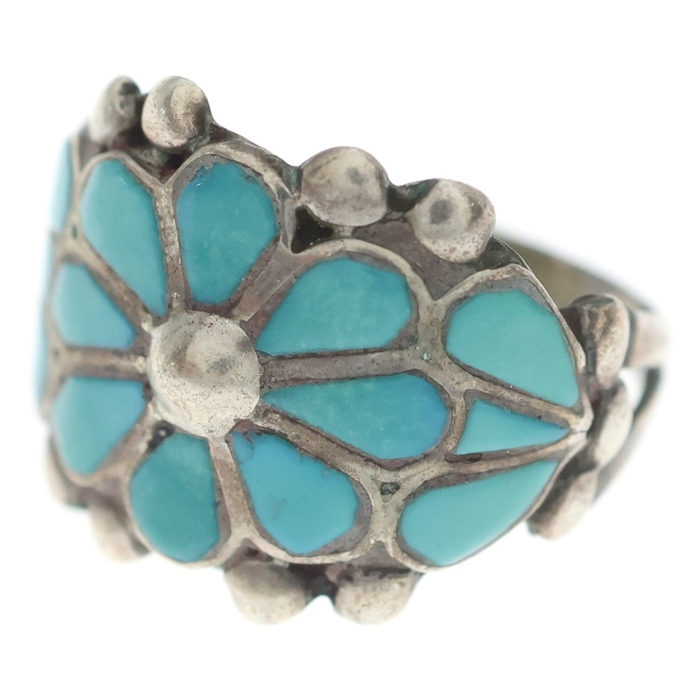 INDIAN JEWELRY(インディアンジュエリー) ZUNI RLL刻印 ズニ族 フラワーモチーフ インレイワーク リング シルバー/ターコイズ