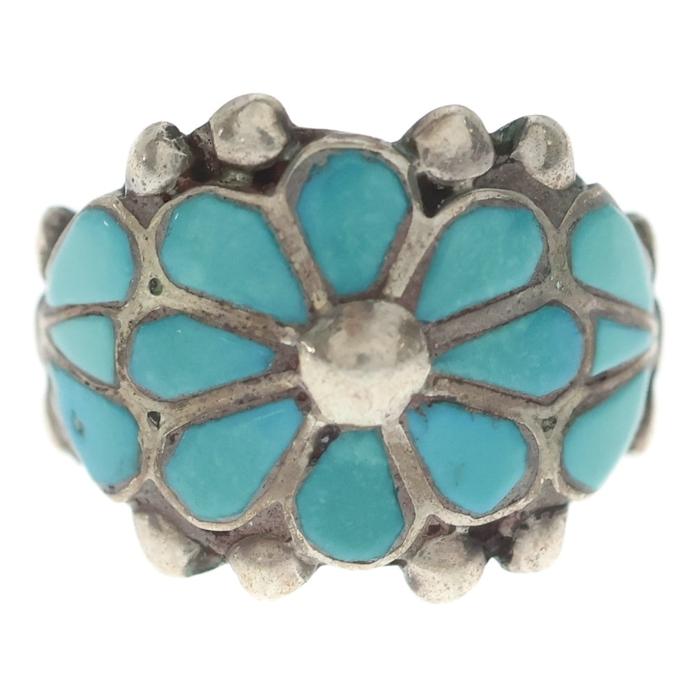 INDIAN JEWELRY(インディアンジュエリー) ZUNI RLL刻印 ズニ族 フラワーモチーフ インレイワーク リング シルバー/ターコイズ